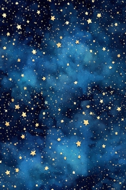 A blue and gold stars and clouds background with a sky background generative ai