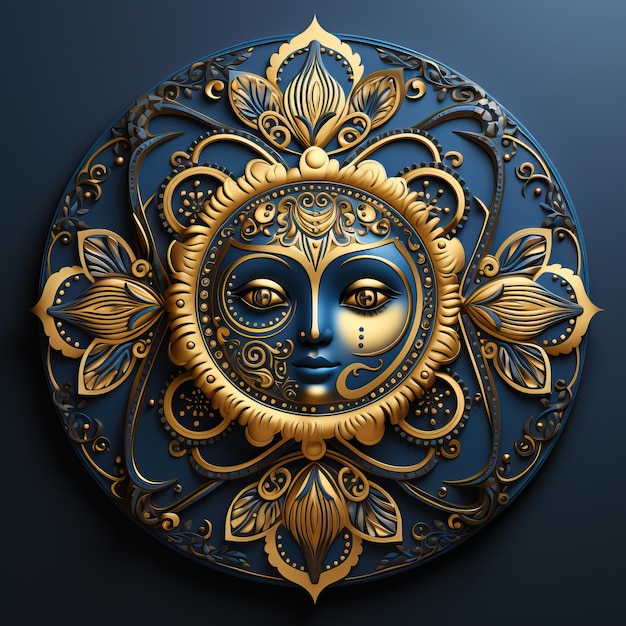 a blue and gold sun head with a face on it