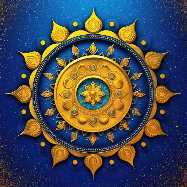 a blue and gold sun with a star on it