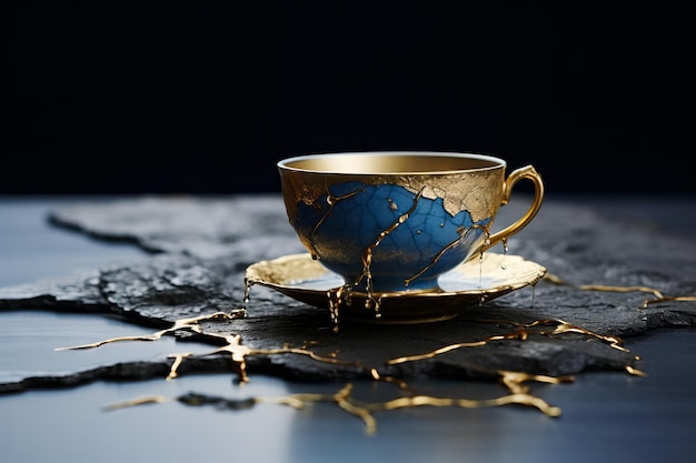 Blue and gold tea cup with saucer on black table Generative AI