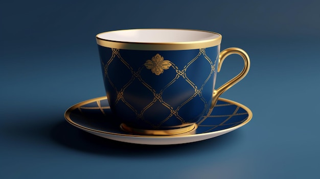 Photo a blue and gold teacup sits on a saucer.