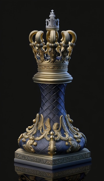 A blue and gold vase with a crown on it