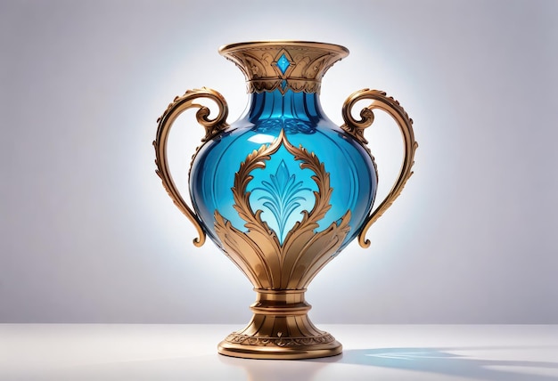 a blue and gold vase with a flower design on the bottom