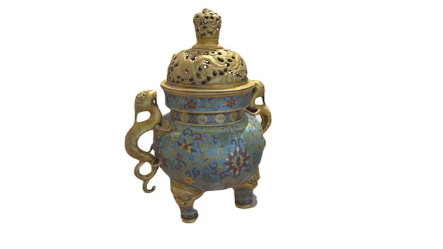 A blue and gold vase with a large pot with a large handle and a large number of different designs.