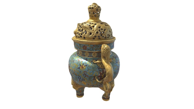 A blue and gold vase with a lid that says'i love you '