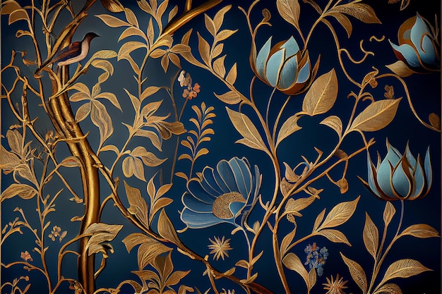 Blue and gold vintage floral pattern with a delicate luxury look generative AI