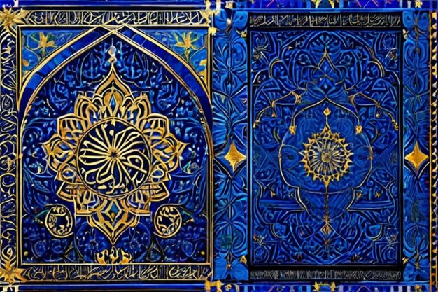 모스크 의 이름 이 적혀 있는 디자인 을 가진 파란색 과 금색 벽