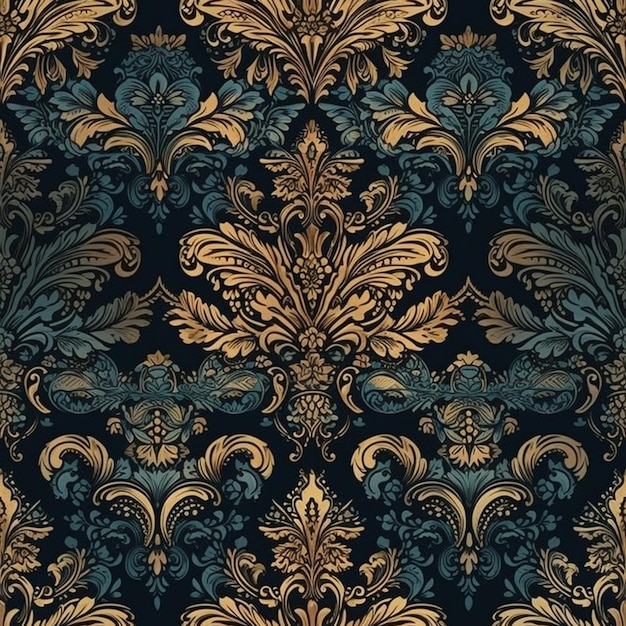 A blue and gold wallpaper with a large floral design generative ai