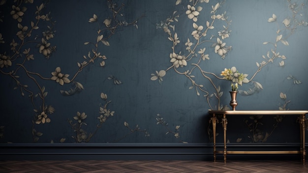 A blue and gold wallpaper with vine design beautiful image Ai generated art