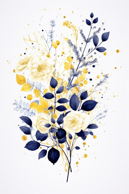 Blue and gold watercolor floral bouquet