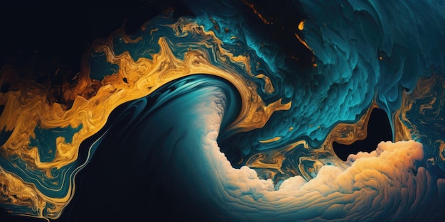 A blue and gold wave with a gold swirl in the center.