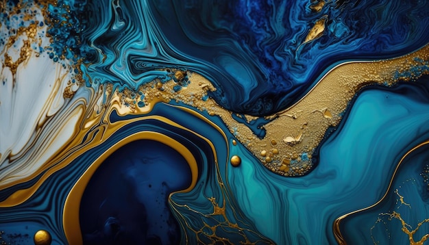 Blue Gold and White Fluid Abstract Alcoholic Ink Background