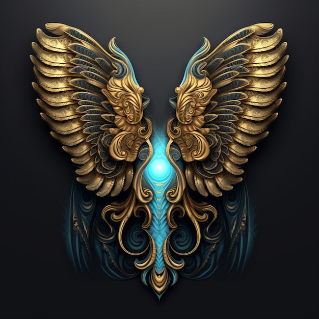 Photo blue and gold wings images beautiful angel wings images black background ai generated art
