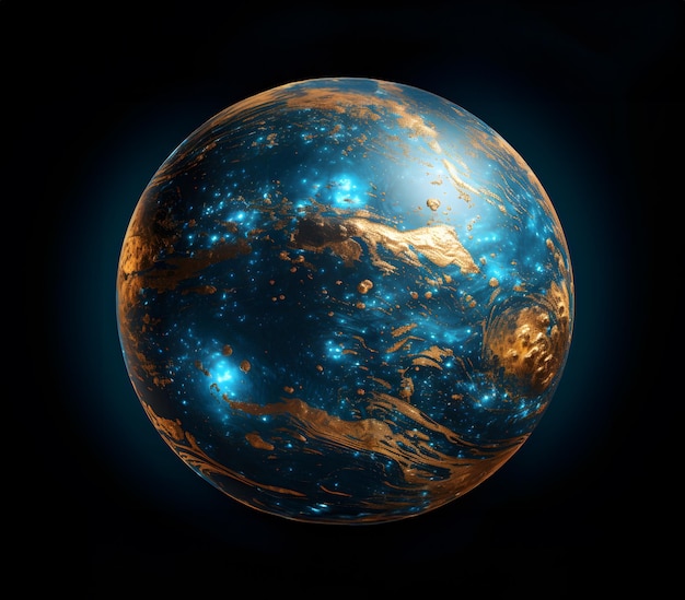 Blue and golden abstract sphere in space Glowing planet on black background 3D rendering