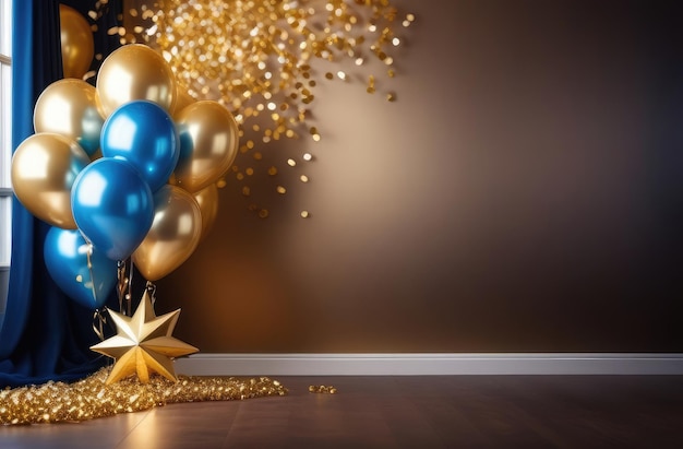 blue and golden balloons against dark backdrop with copyspace party or holidays celebration