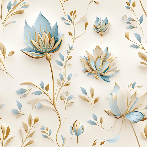 Blue and golden flower seamless pattern with flourishing botanicals tiled