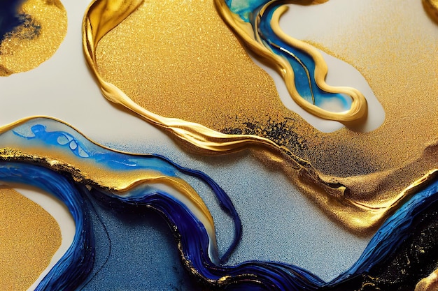 Blue and golden fluid acrylic painting texture background