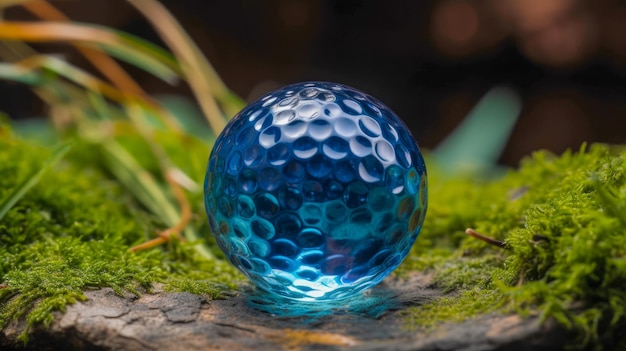 A blue golf ball sits on a mossy log.