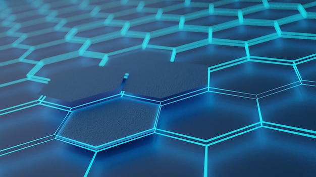 Blue Graphene forming on hexagon blue wafer grid 3D Rendering