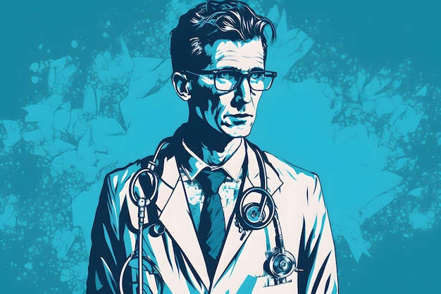 A blue graphic of a doctor with a stethoscope on his neck.