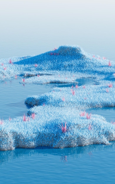 Blue grassland with lakes 3d rendering