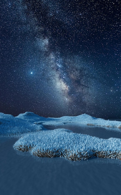 Blue grassland with milky way at night 3d rendering