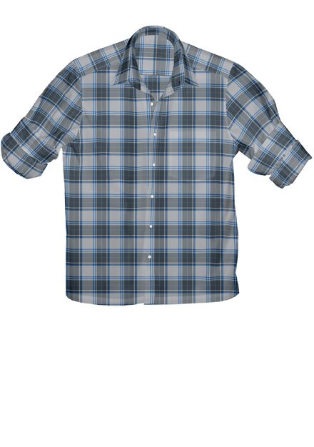 A blue and gray plaid shirt with a white background