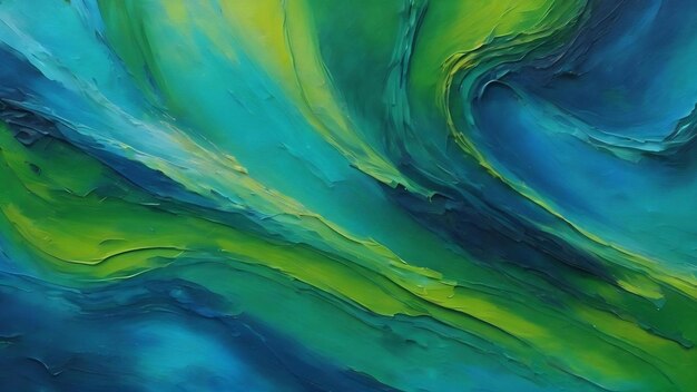 A blue and green abstract painting with the words