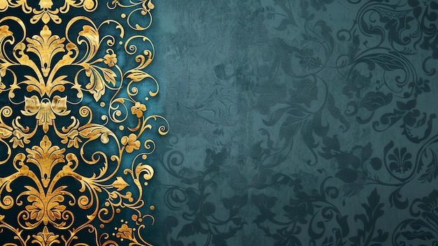 Blue green background with golden floral ornament The background is dark and has a vintage feel