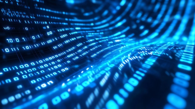 A blue and green binary code wave background with blue and green tones