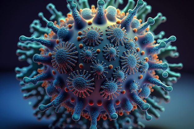 Сине-зеленый коронавирус с большим количеством синих и оранжевых шипов.