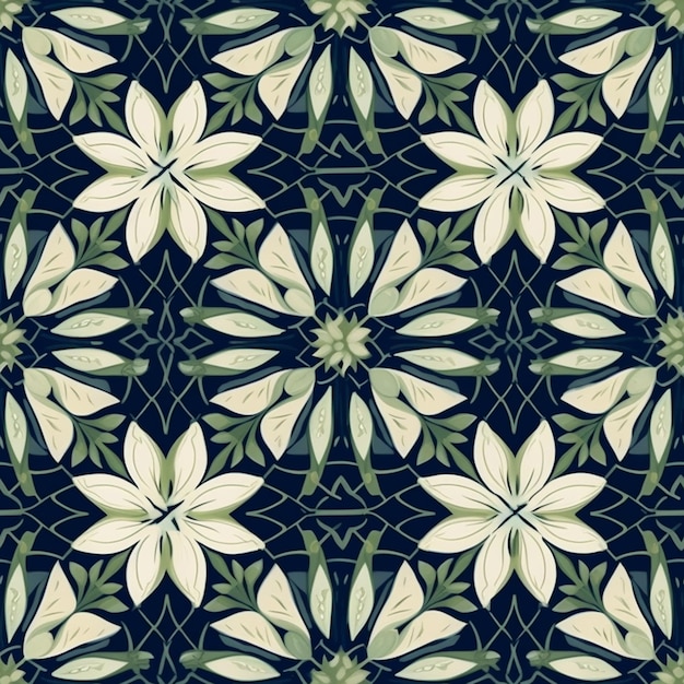a blue and green floral pattern with leaves on a dark background generative ai