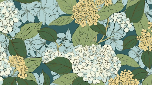 A blue and green floral pattern with white hydrangea flowers.