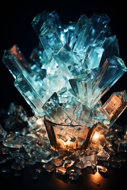 Blue and green glowing crystal shards in a glass on a black background