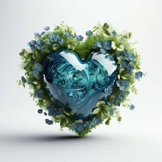 A blue green heart with the planet inside on a white