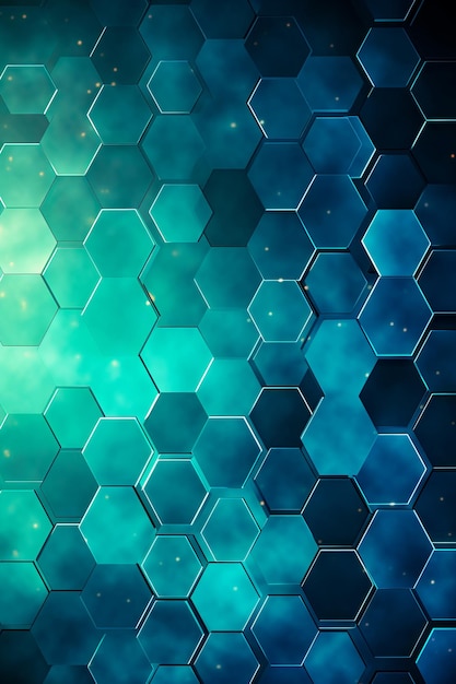 Blue and green hexagonal background with stars and light Generative AI