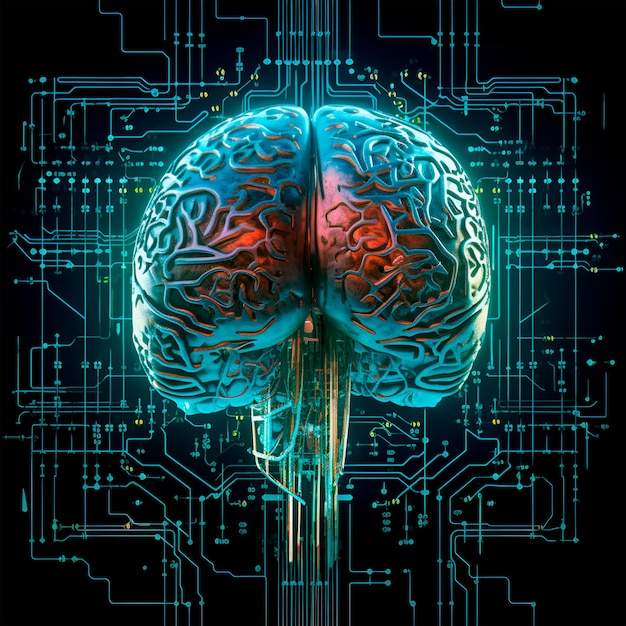 A blue and green image of a brain with a circuit board in the background.