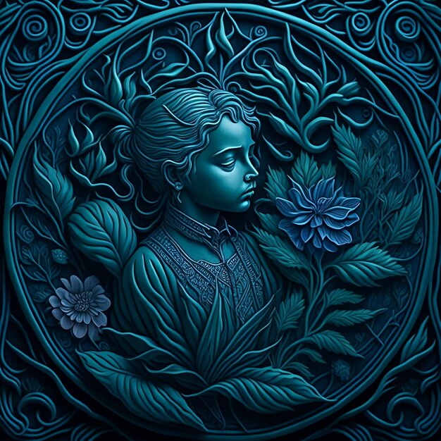 A blue and green image of a girl with flowers in the middle.