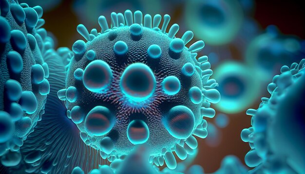 A blue and green image of a virus with the word flu on it