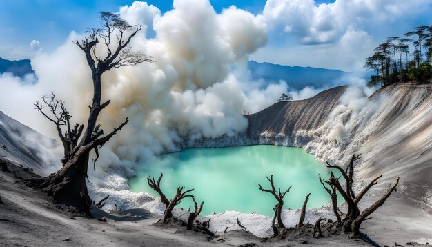 Photo a blue green lake with a dead tree in the middle of it