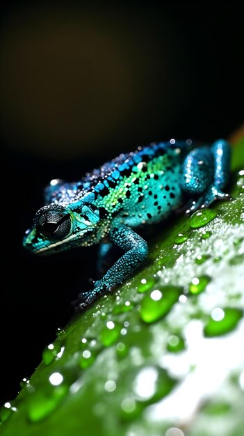 Foto una lucertola blu e verde con un corpo verde si siede su una foglia con gocce d'acqua su di essa.