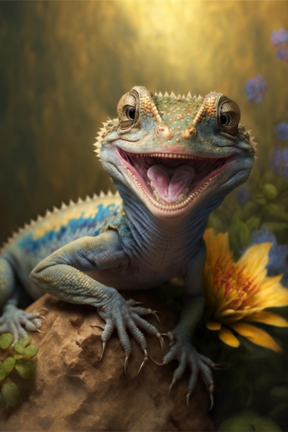 A blue and green lizard with its mouth open and a pink tongue sticking out.