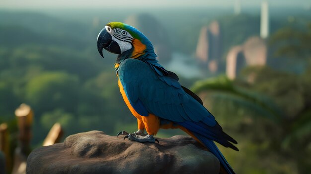 A blue and green macaw sits on a rock in a jungle.