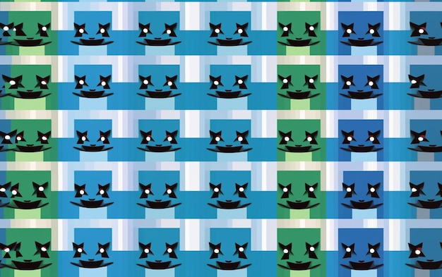 고양이와 모자가 있는 파란색과 녹색 패턴.