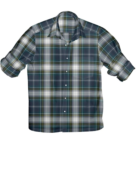 A blue and green plaid shirt with a white background