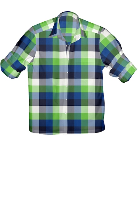 A blue and green plaid shirt with a white background