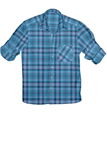 A blue and green plaid shirt with the word " on it "