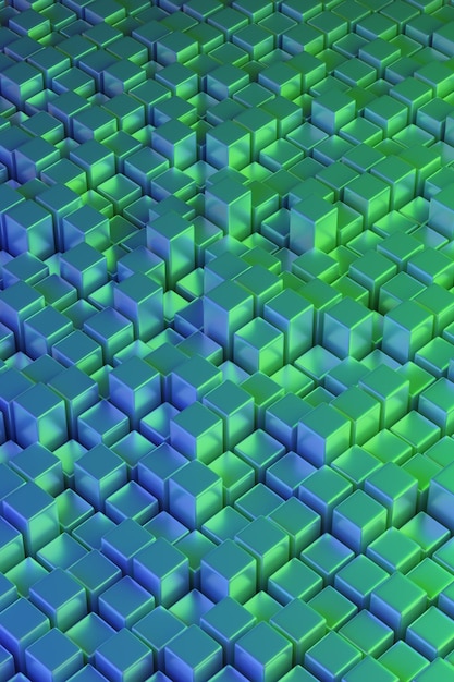 Blue and green quadrangular prisms isometric abstract background 3d illustration