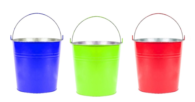 Photo blue green red buckets isolated