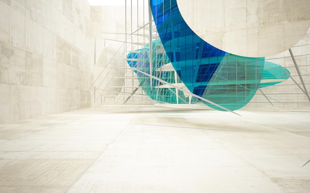 A blue and green sculpture in a white room with a staircase in the background.
